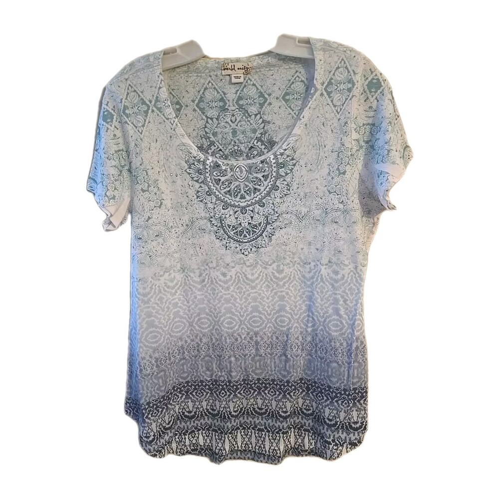 World Unity White Medallion Embellished Short Sleeve Artsy Top Womans‎ Sz Large
